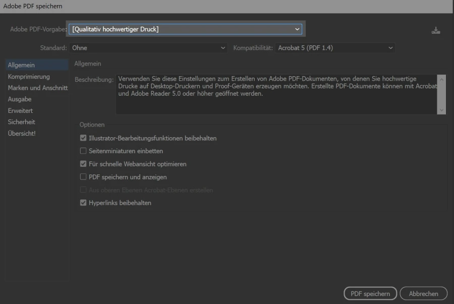 Richtige PDF Export Vorgabe